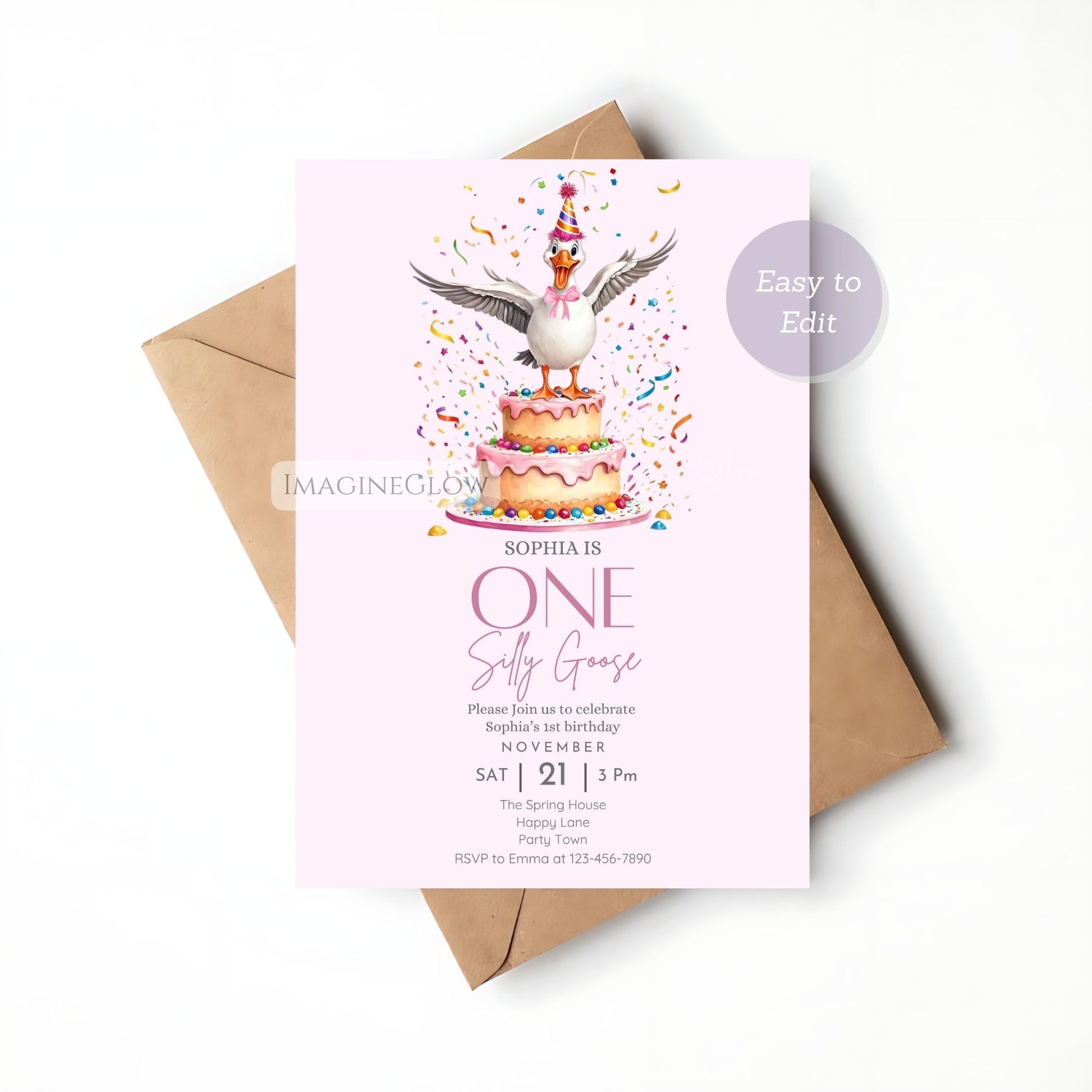 One Silly Goose girl birthday party invitation

