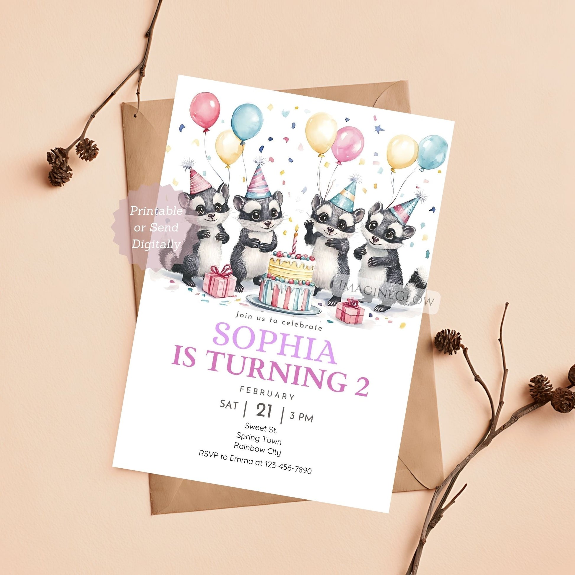 Cute Skunk Party Invitation for Kids
Editable Skunk Birthday Invite - Forest Theme
