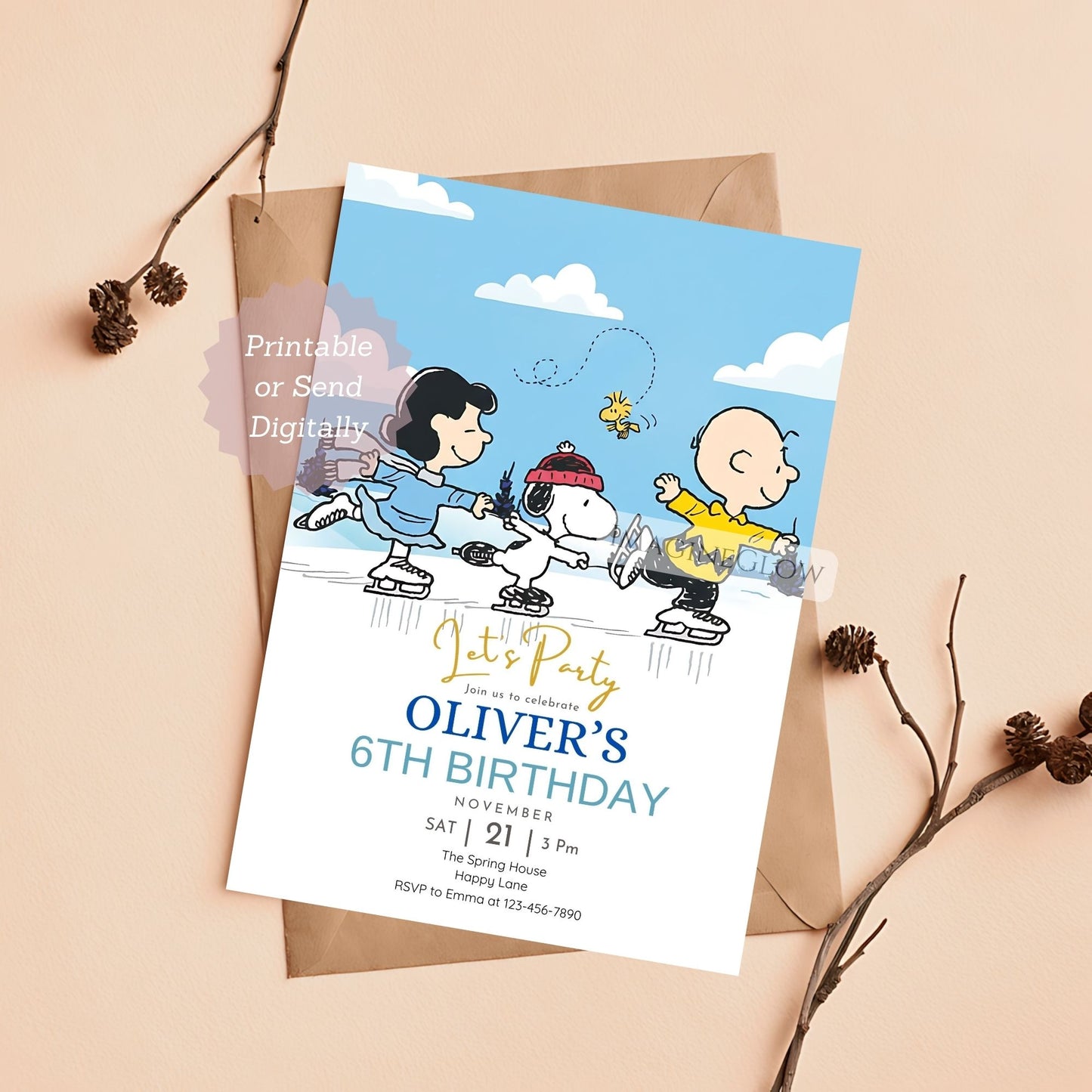 snoopy ice skating birthday invitation
