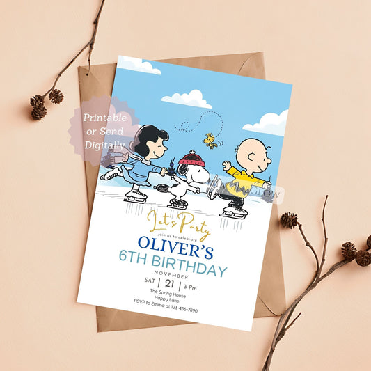 snoopy ice skating birthday invitation
