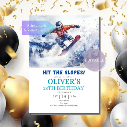 Customizable snowboard-themed party invite for winter sports birthday celebrations.