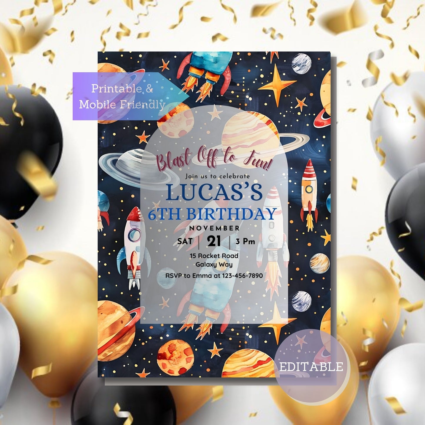 Printable outer space party invitation template, editable in Canva