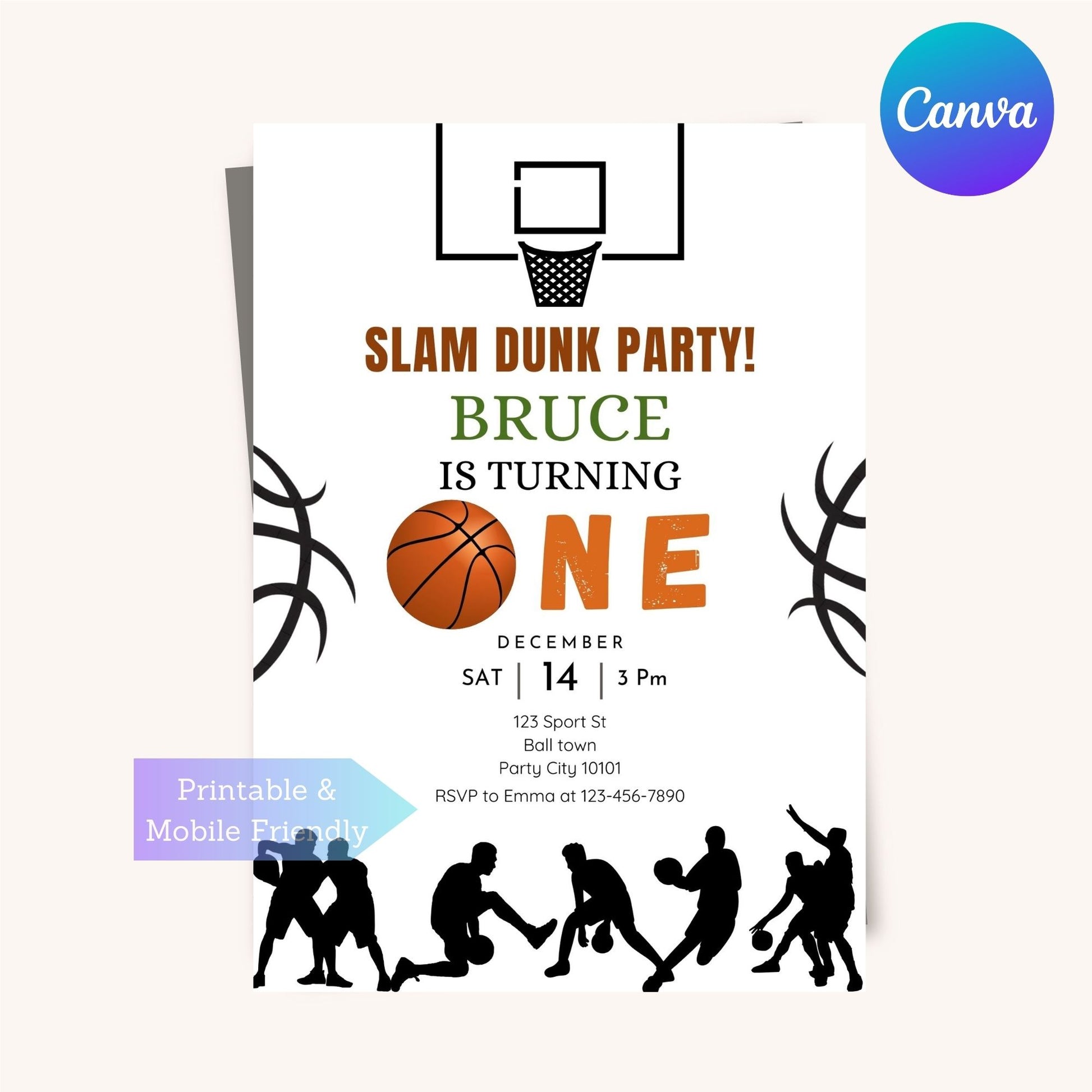 Customizable basketball party invitation for first birthday celebration.