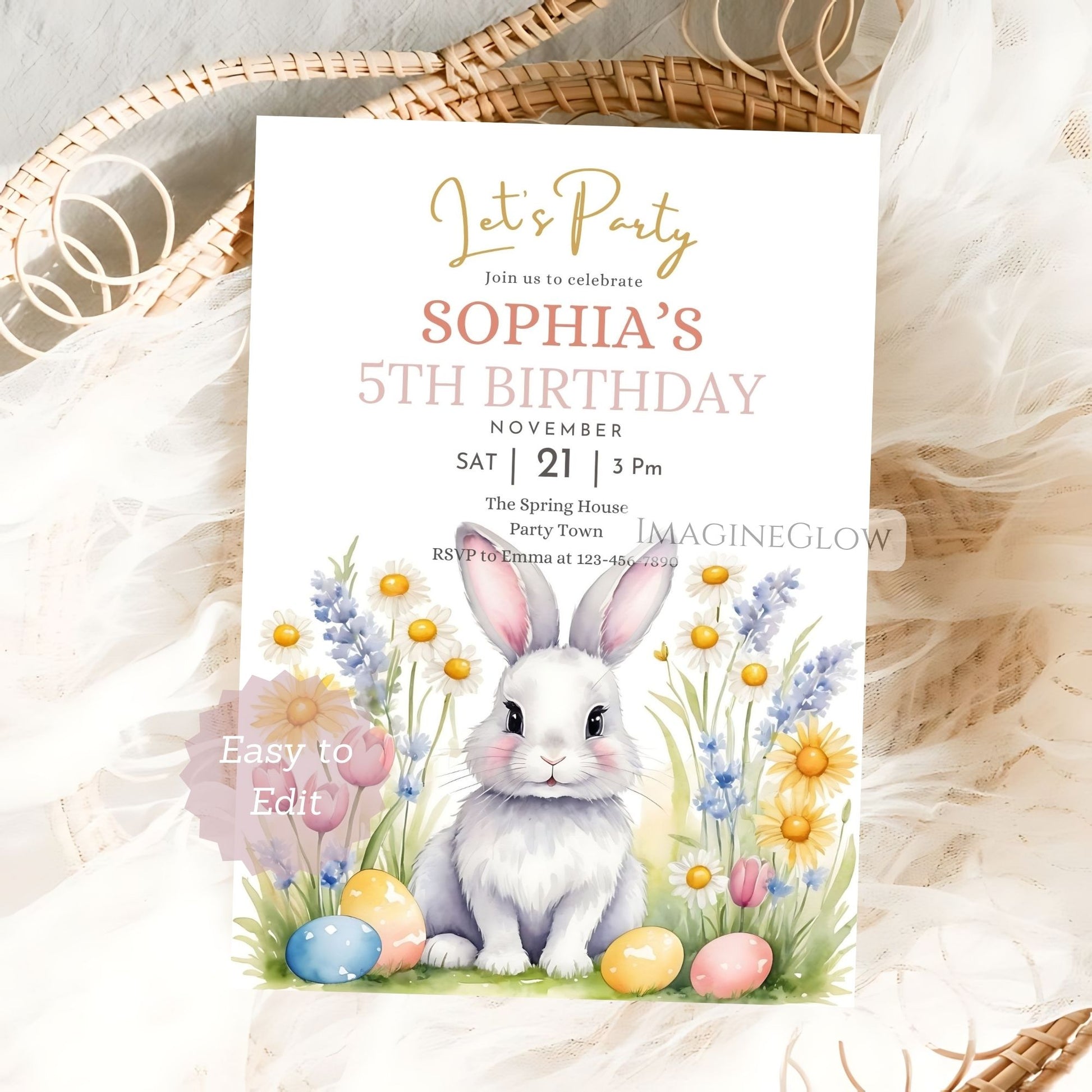 bunny birthday invitation
rabbit floral party invite
spring easter wildflower birthday card
