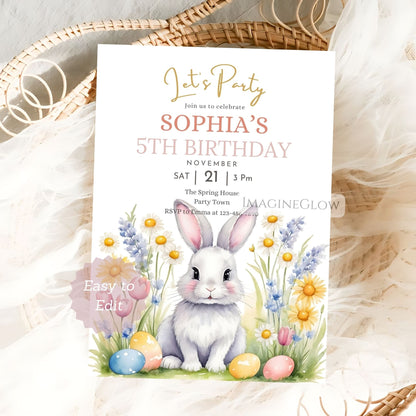 bunny birthday invitation
rabbit floral party invite
spring easter wildflower birthday card
