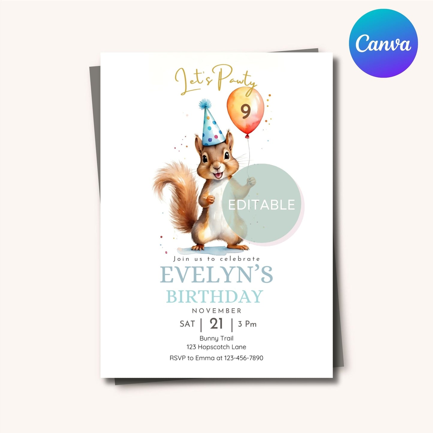 Customizable squirrel birthday invite with editable text