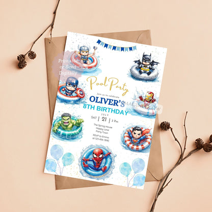 Birthday party invitation with superhero characters on a white background