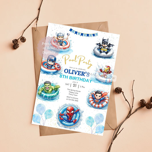 Birthday party invitation with superhero characters on a white background