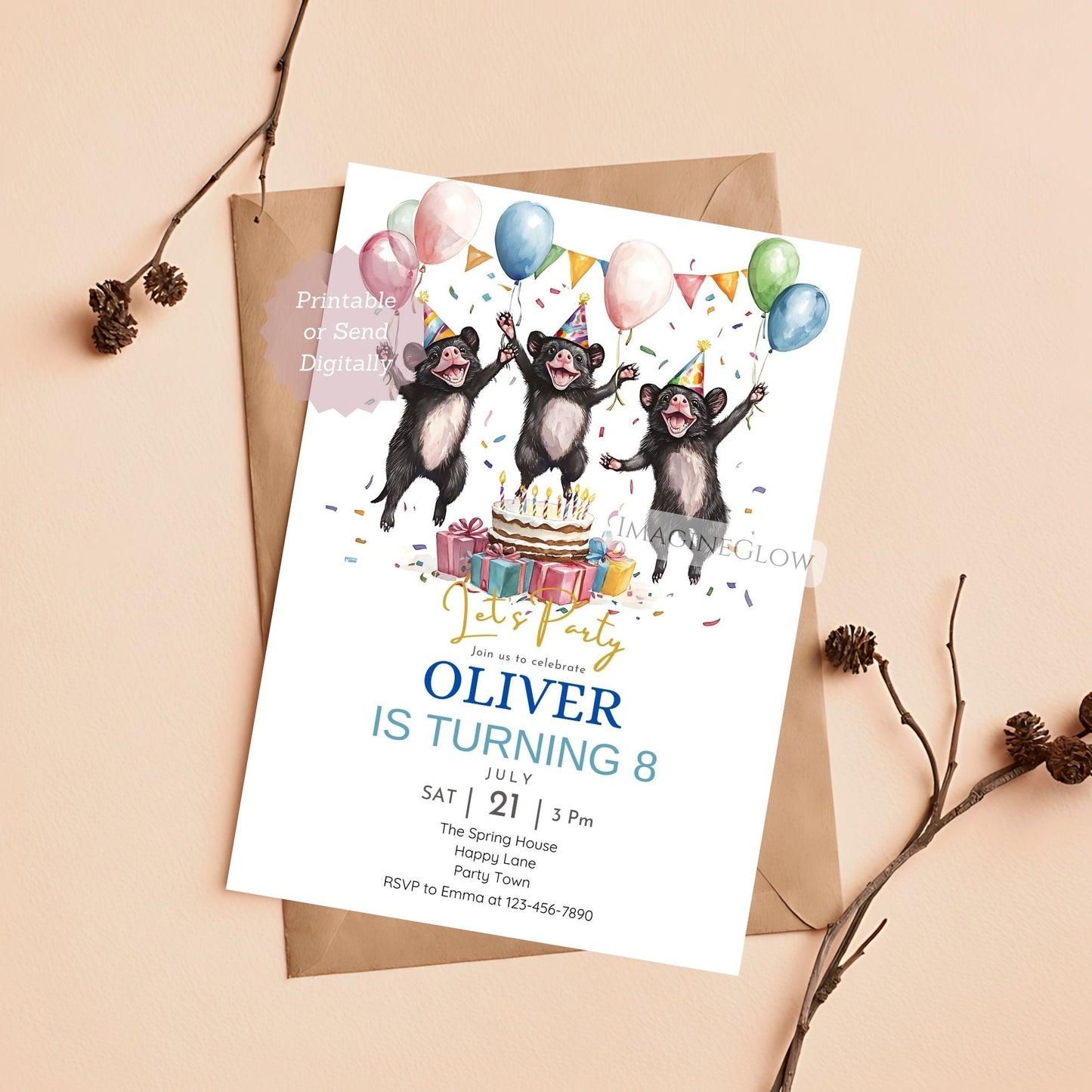 Animal-themed birthday card with Tasmanian devil
Unique Tasmanian devil birthday design for children
