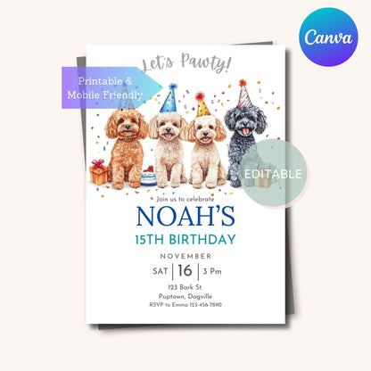 Printable Toy Poodle dog-themed birthday invite, customizable in Canva