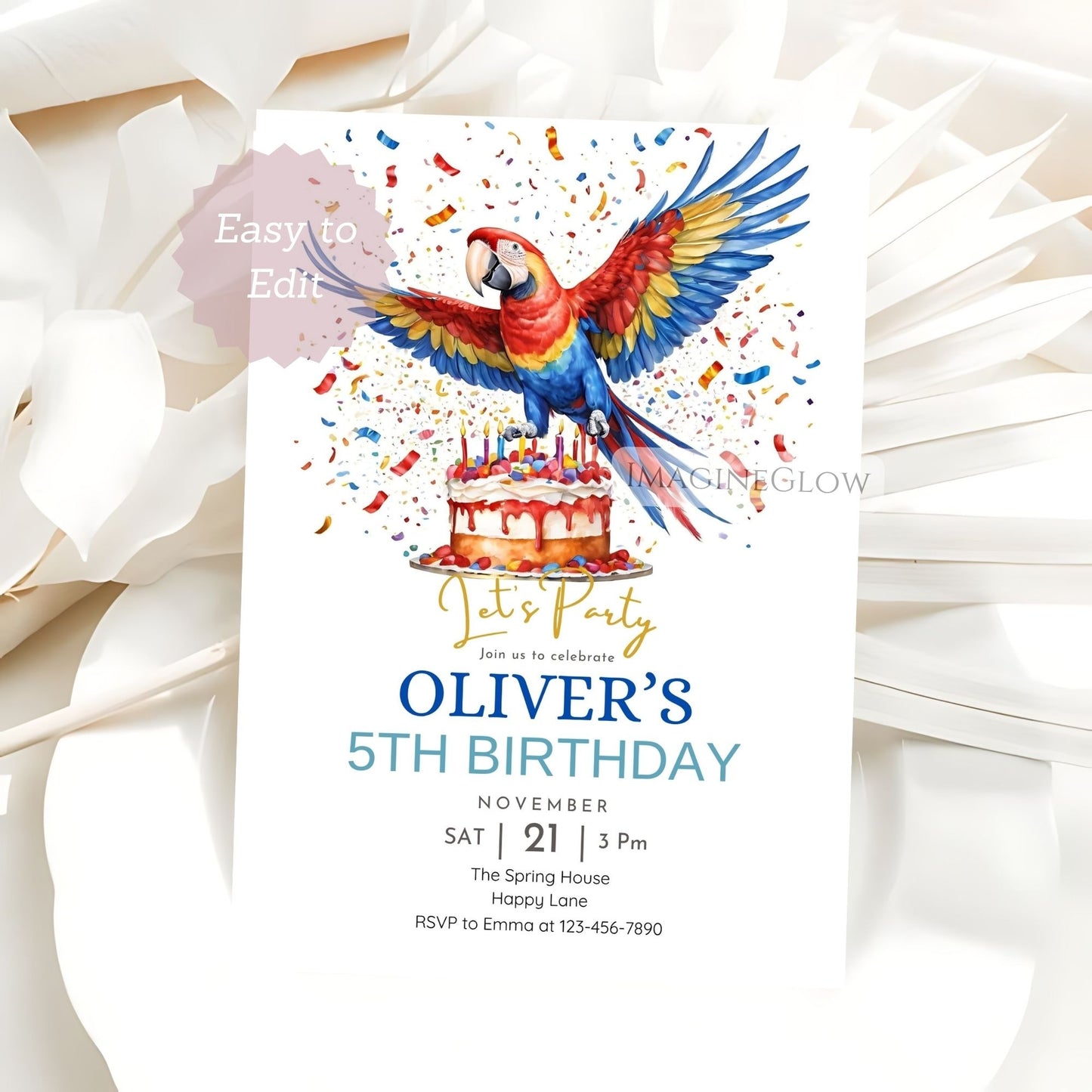 Birthday party invitation with parrot and cake design on a white background