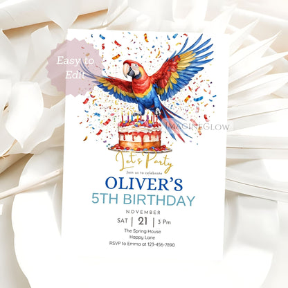 Birthday party invitation with parrot and cake design on a white background