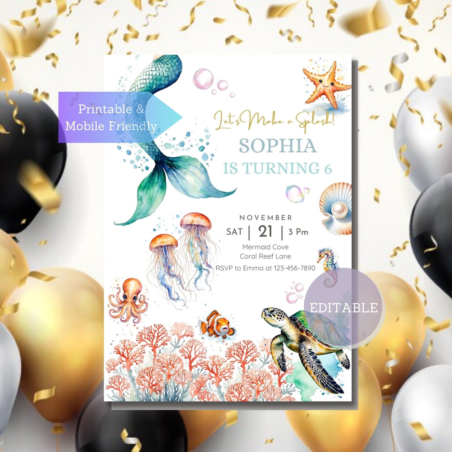 Underwater-themed birthday invitation with editable details