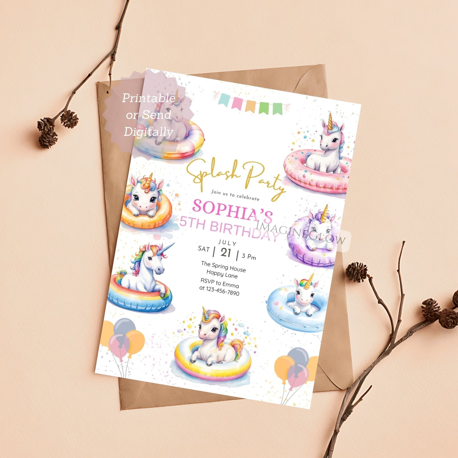 Unicorn-themed birthday party invitation with balloons and a envelope on a beige background