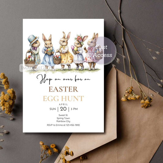 vintage bunnies easter brunch invitation
rabbit easter egg hunt party invite
