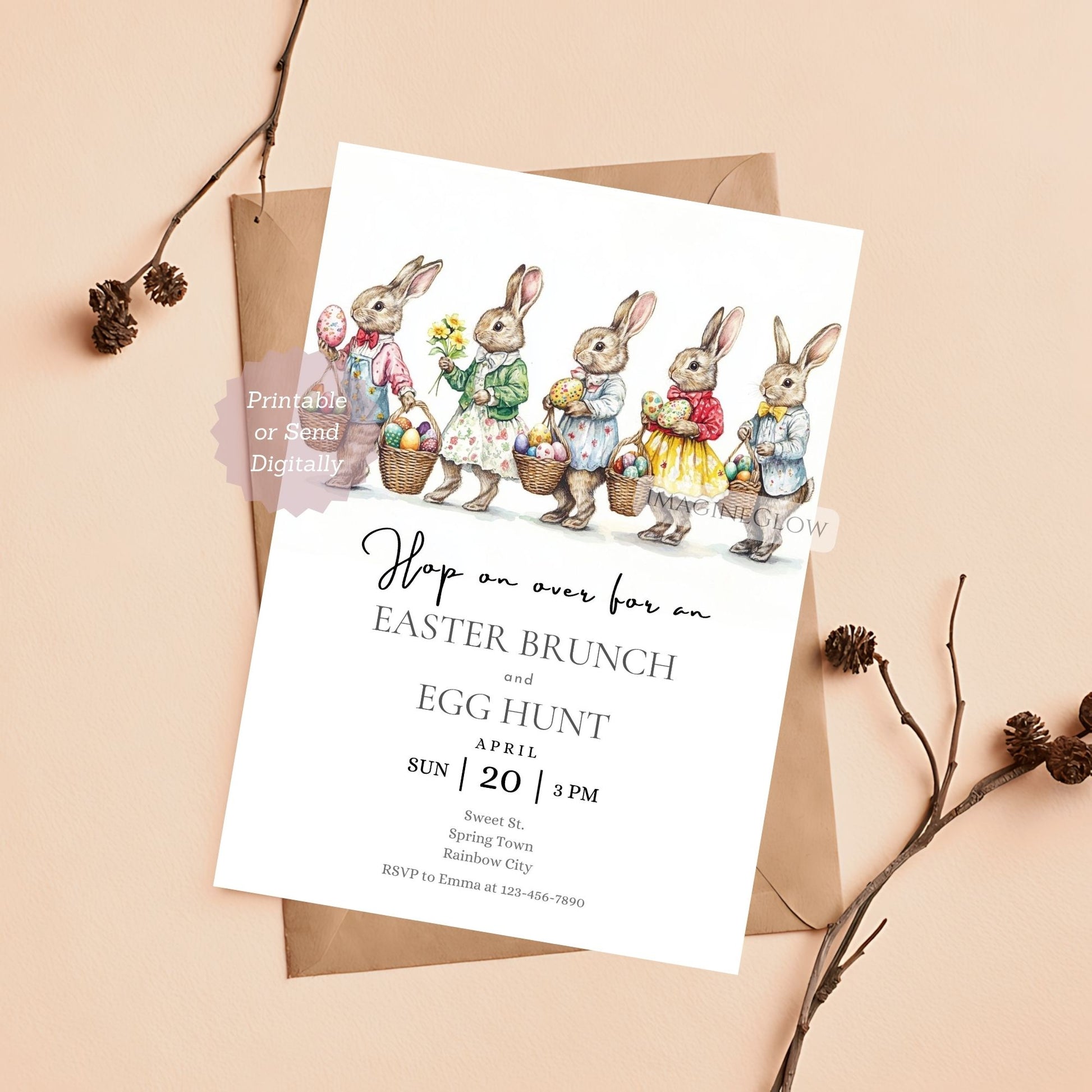 Vintage Bunny Easter Brunch & Egg Hunt Invitation
