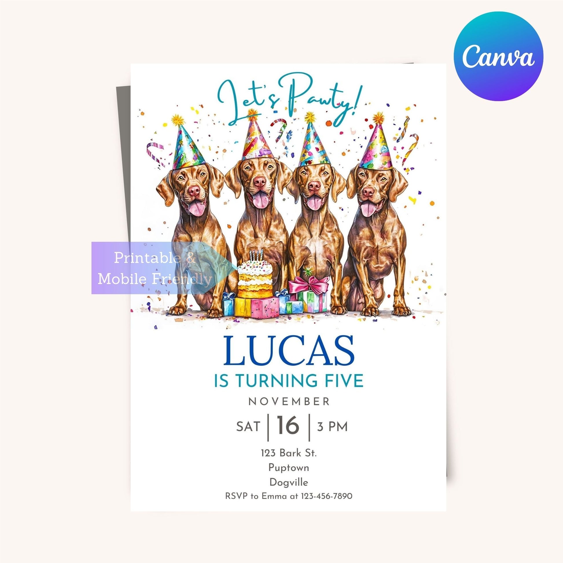 Editable Vizsla party card for dog lovers' events.
