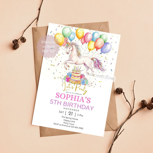 White horse birthday invitation editable in Canva
