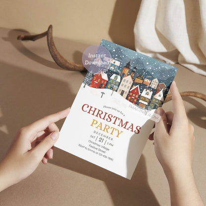 cozy christmas house holiday invitation printable
editable christmas village holiday party card
