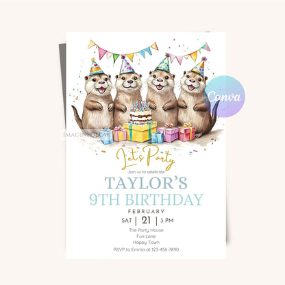 Editable woodland otter birthday invite
Water animal-themed four otters birthday invitation

