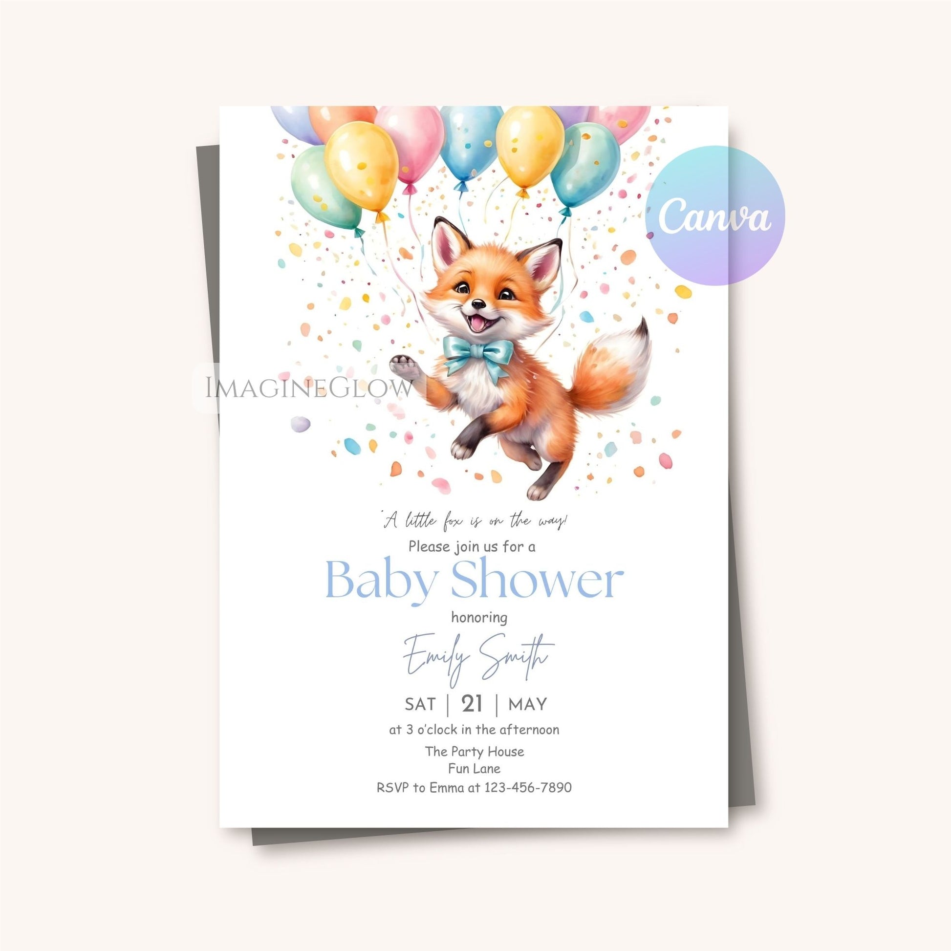 woodland fox baby shower invite canva
