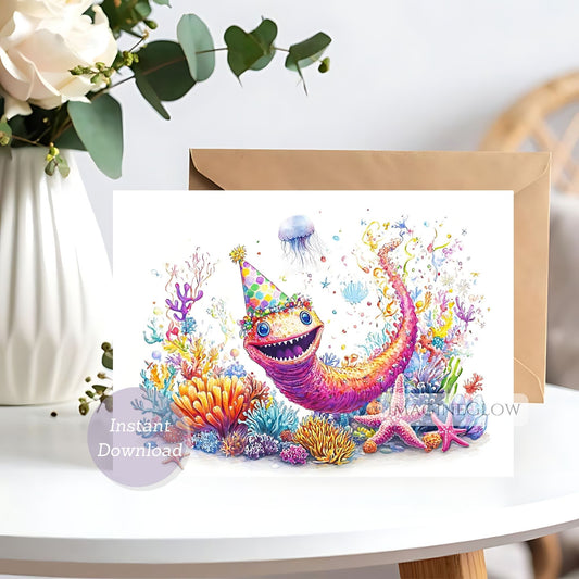 Colorful greeting card with a cartoonish creature and coral on a white surface.
