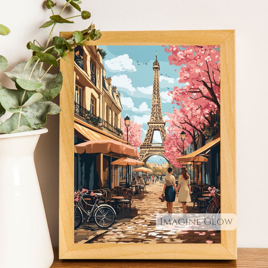 Parisian spring scene featuring the Eiffel Tower and flowers.
