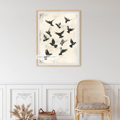 Flock of birds in flight abstract wall decor.
