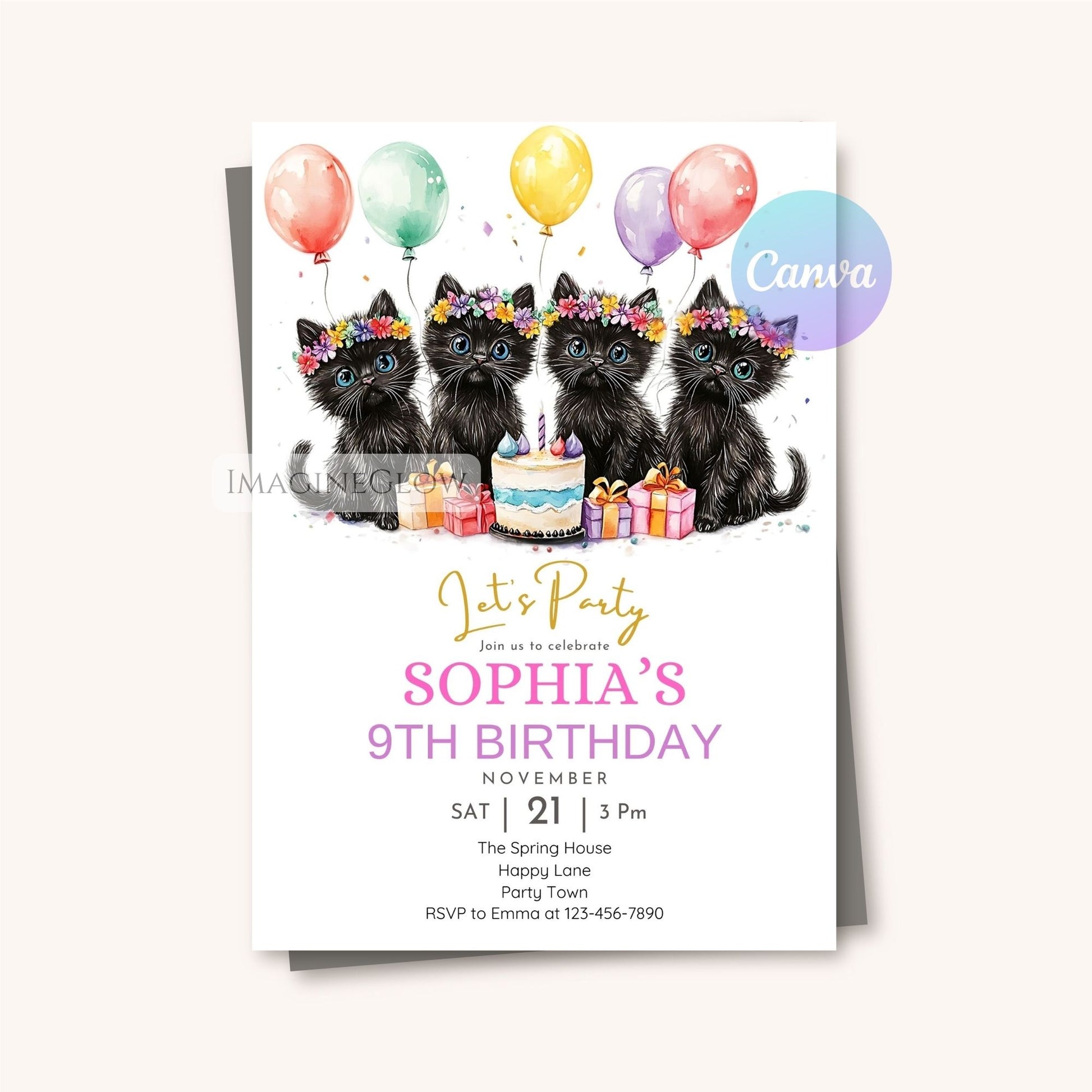 Instant download black cats birthday invitation

