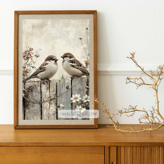 Vintage bird couple perched on flowering branch print.
