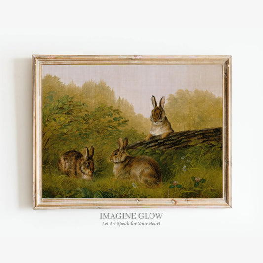 Rabbit in a woodland surrounded by grass wall art.
