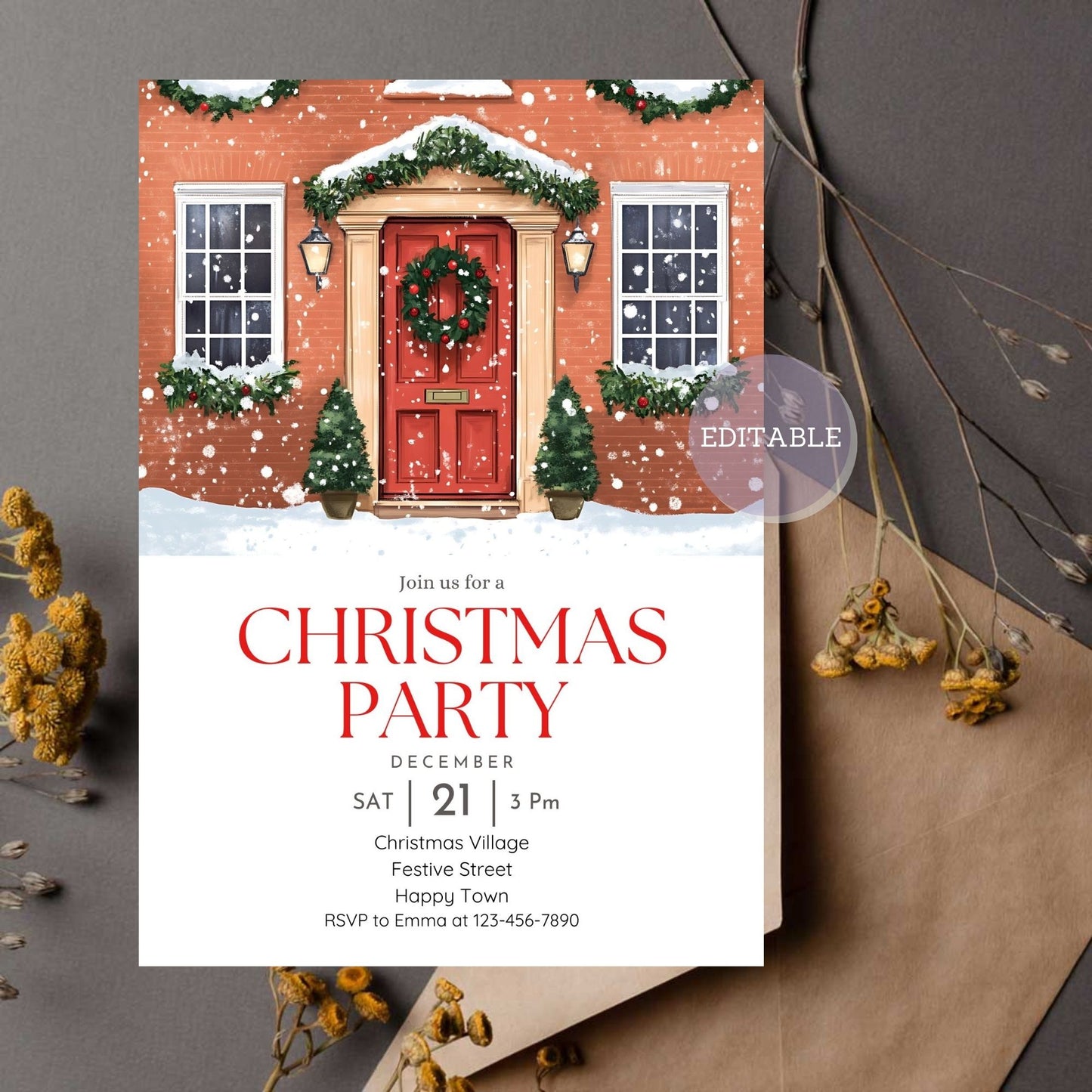 Christmas party invitation featuring an English house with red door and festive decorations.
