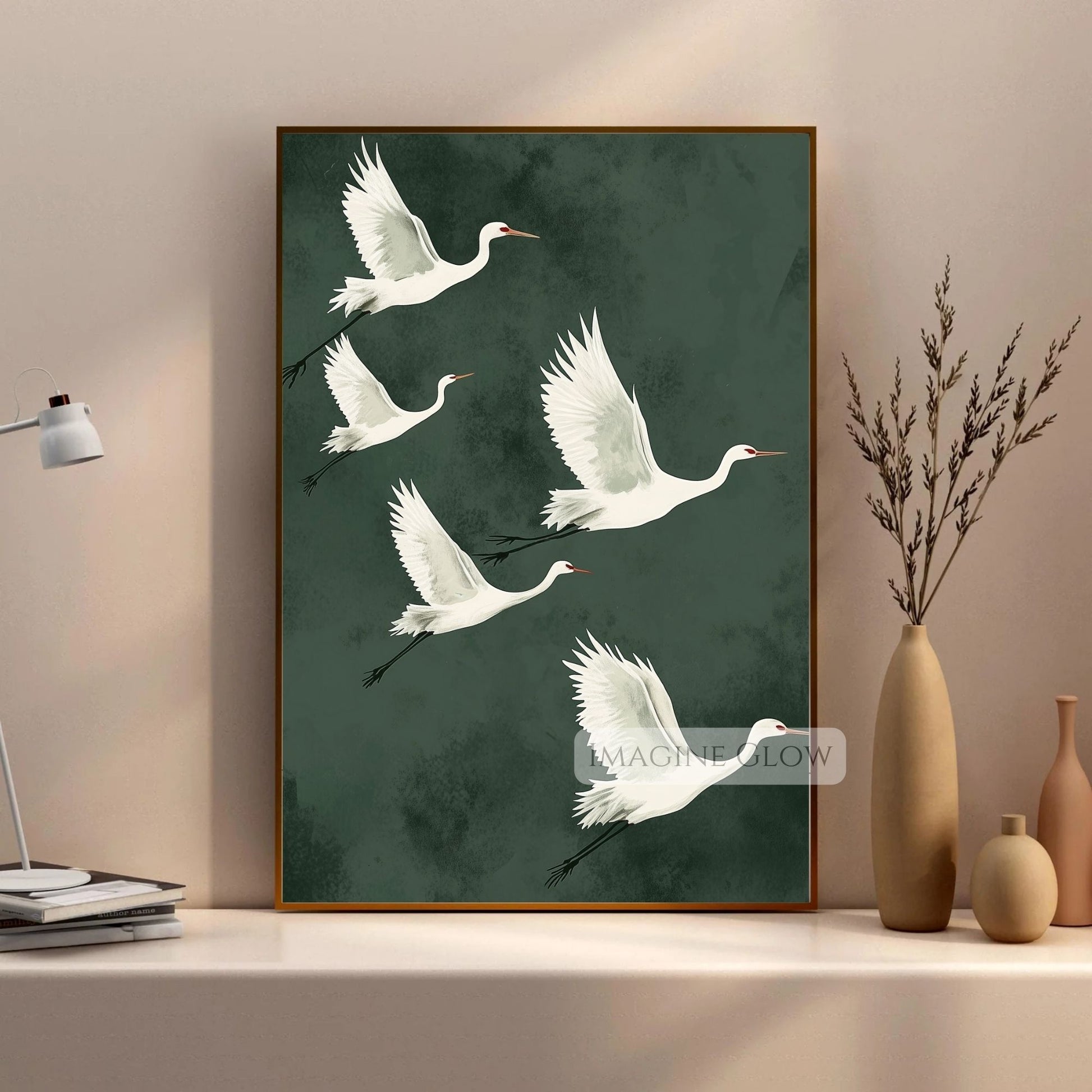 Antique flying bird poster with soft green tones.
