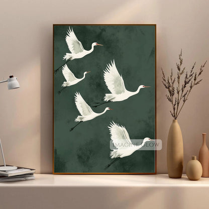 Antique flying bird poster with soft green tones.
