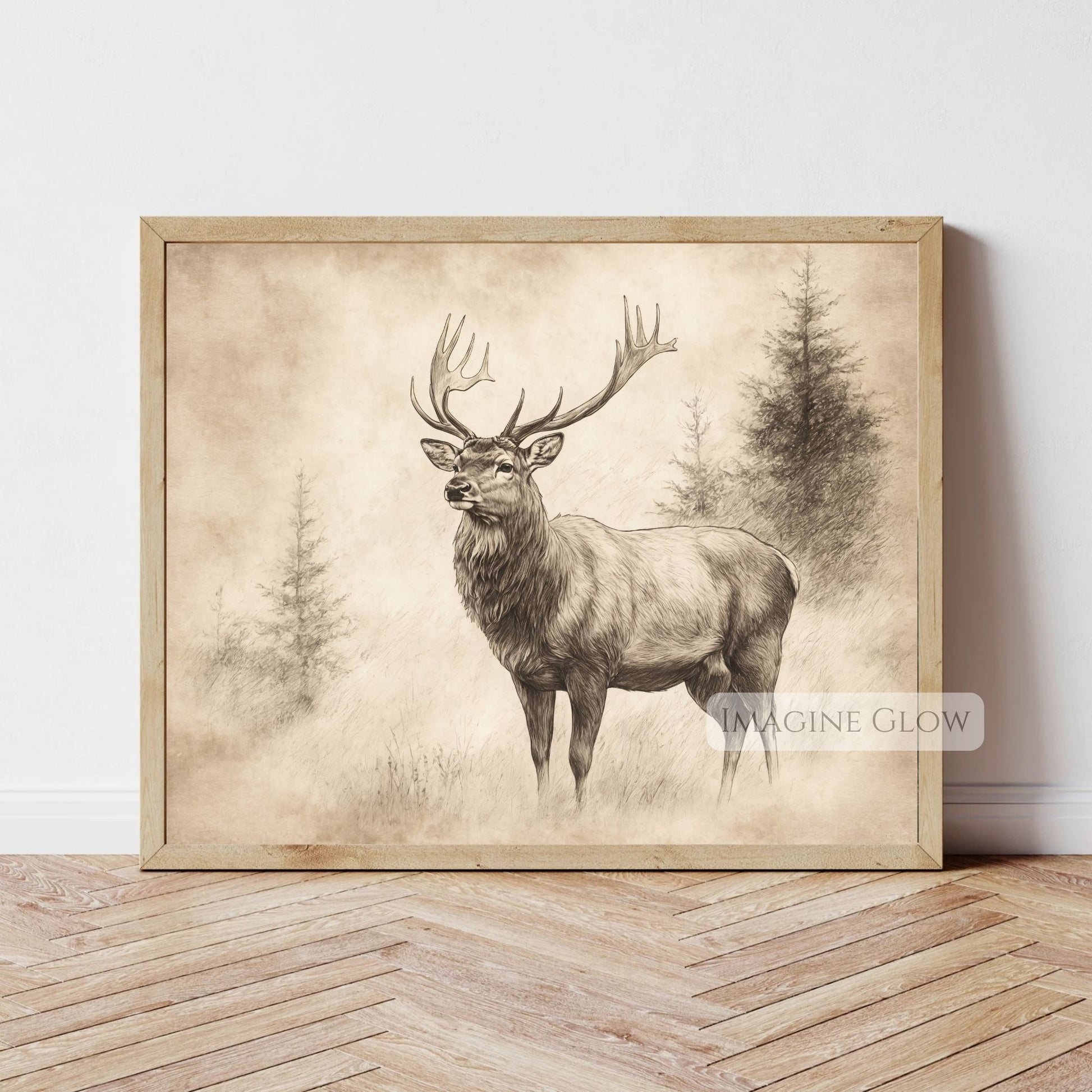 Wildlife deer stag art print for woodland home themes.
