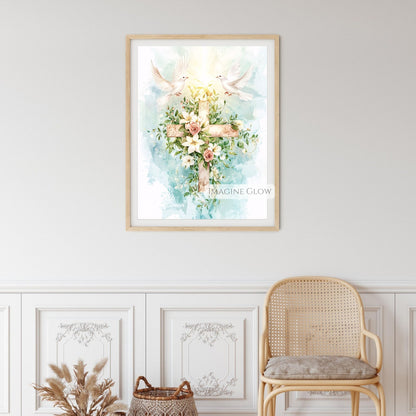 Floral Cross with Two Doves Wall Art - Peaceful Christian Decor - Religious Spring Artwork