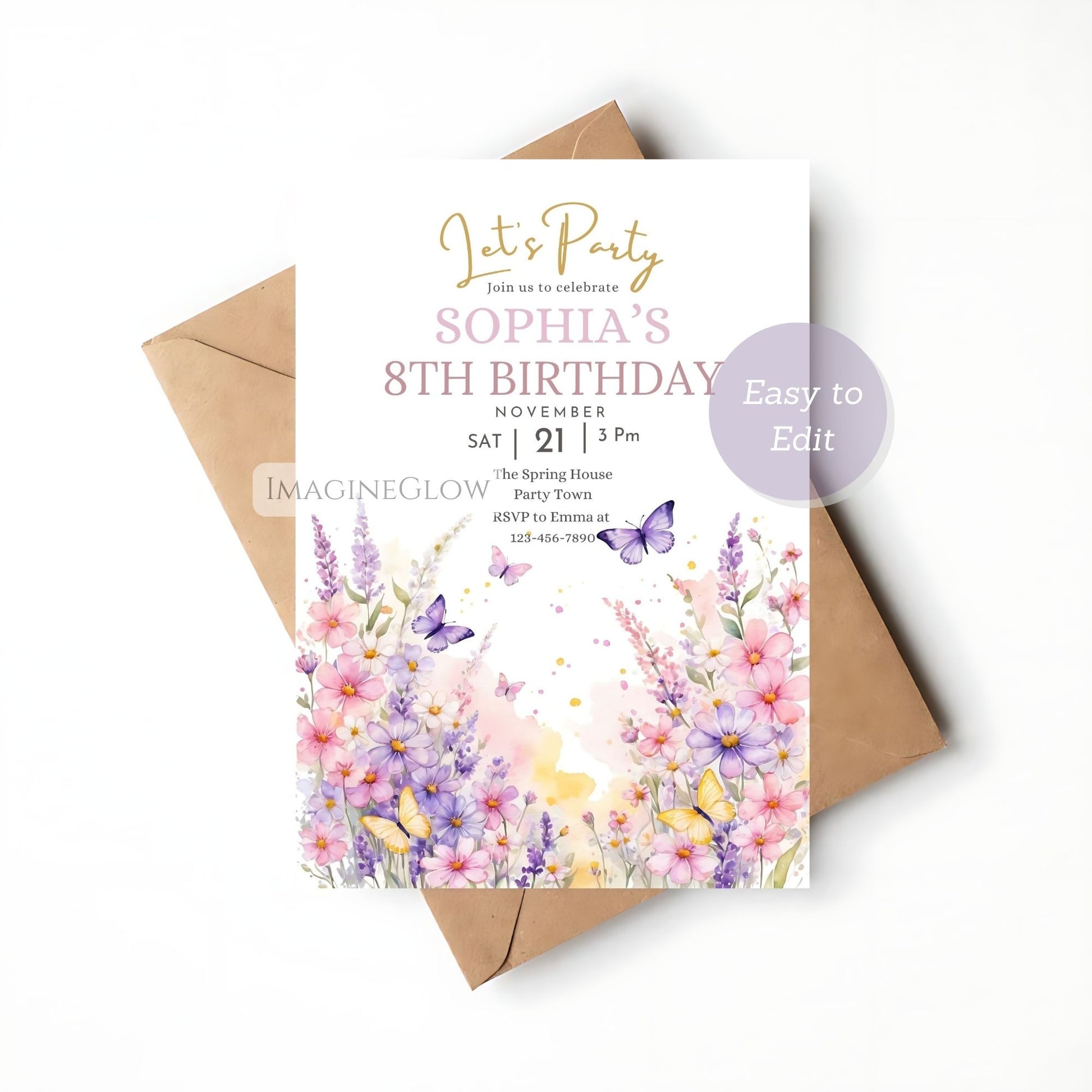 floral birthday invitation for kids
editable butterfly birthday invite