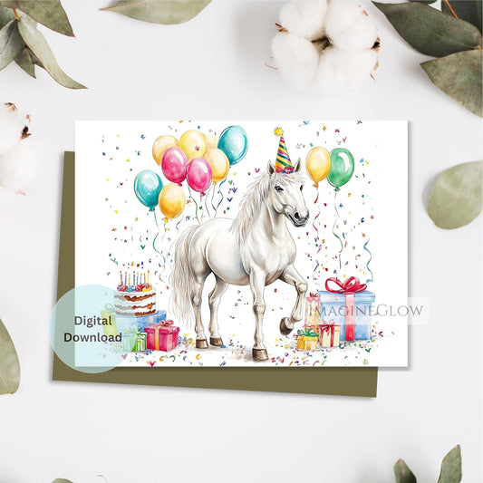 white horse birthday card
elegant horse lover greeting card
equestrian birthday printable card
country style horse birthday card
white stallion birthday greeting
