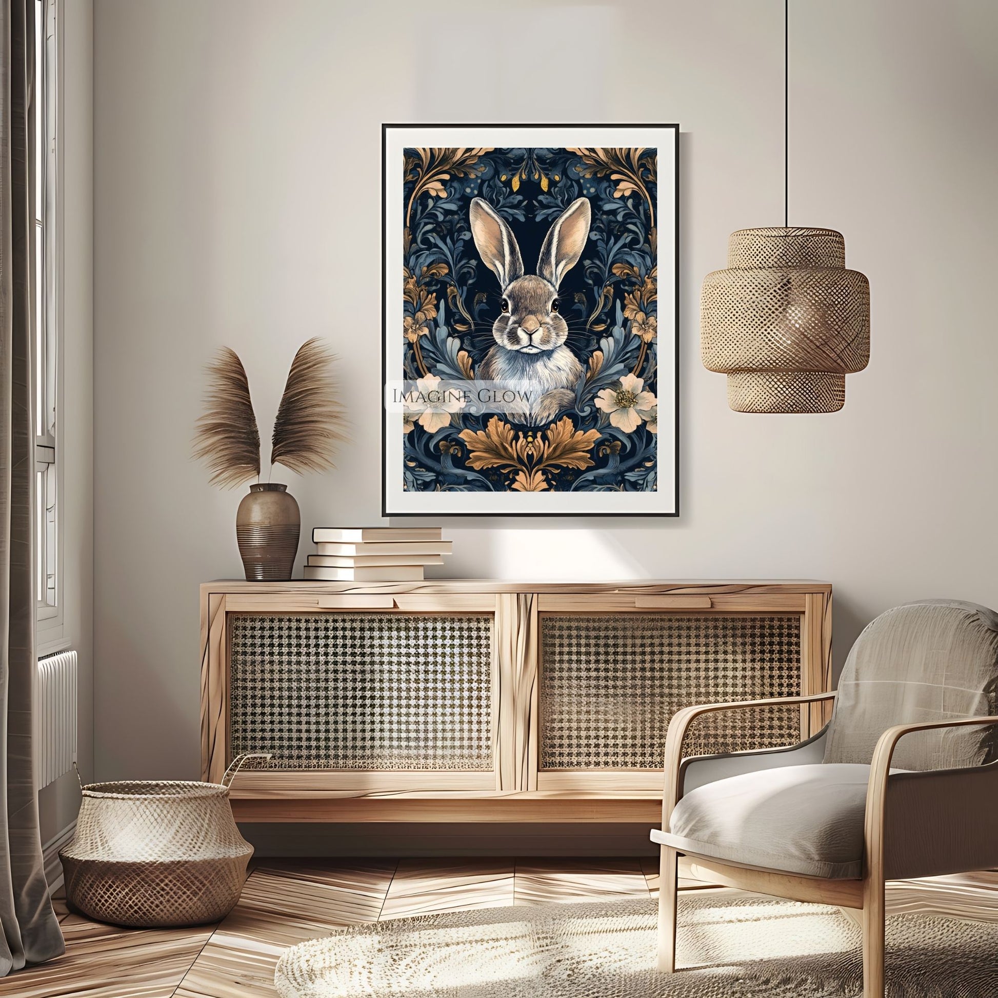 Moody rabbit floral wall art for woodland-inspired decor.
