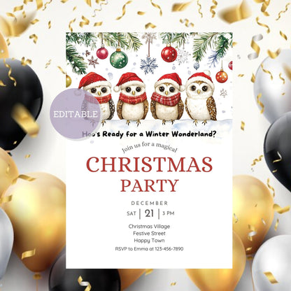 Printable Christmas party card with snowy owl design.
