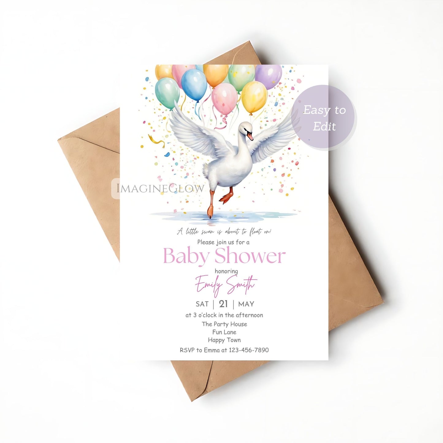 baby shower invitation with swan illustration
