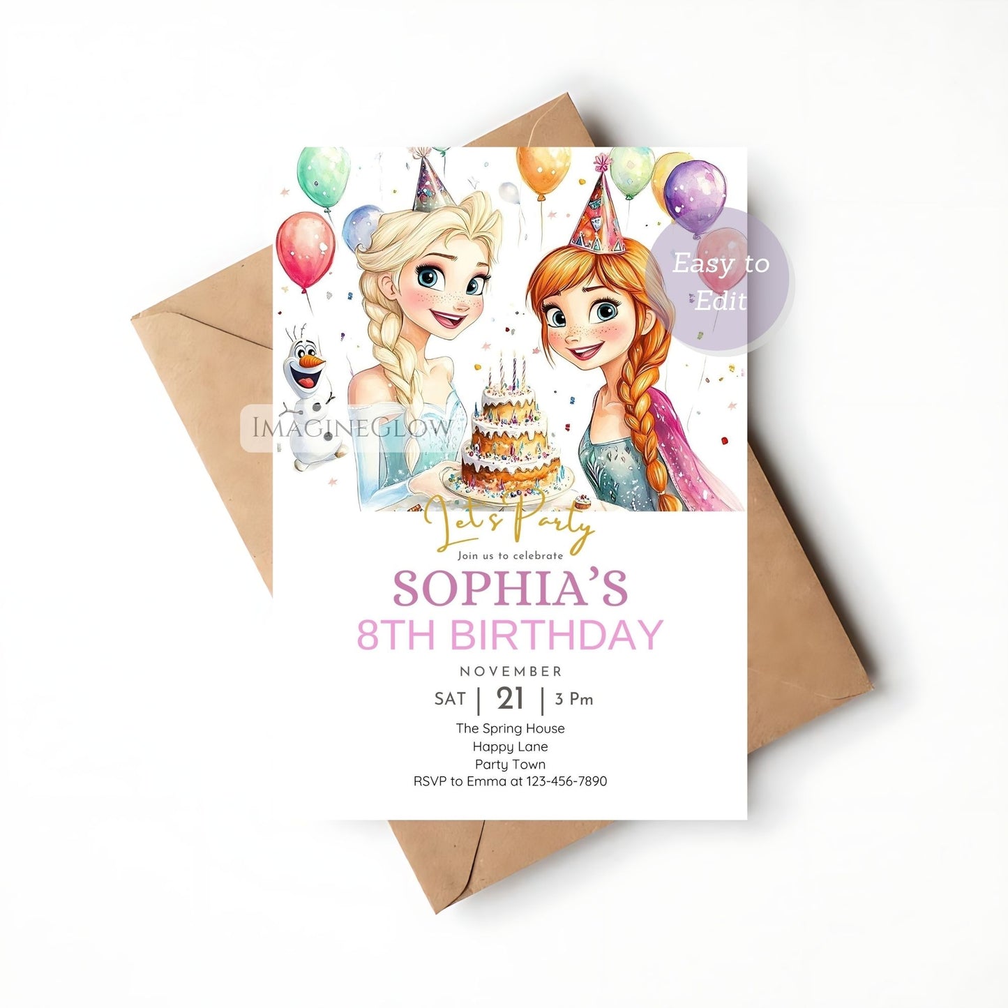 Elsa and Anna digital birthday invitation template
