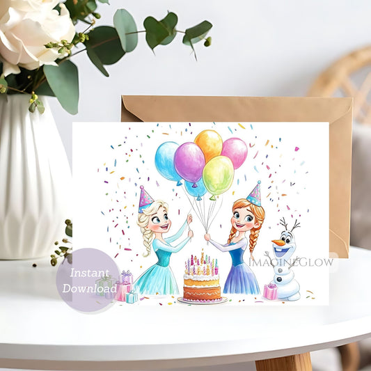 Frozen birthday card with Elsa and Anna in winter wonderland
Disney Frozen birthday greeting card featuring Elsa and Anna


