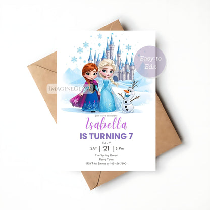 Frozen-themed birthday invitation card with Elsa, Anna, and Olaf on a white background.