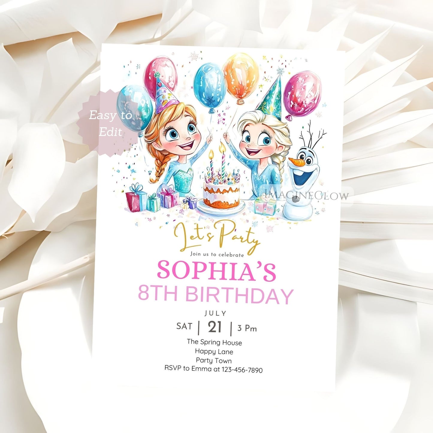 Editable Frozen invitation template with snowflake theme
