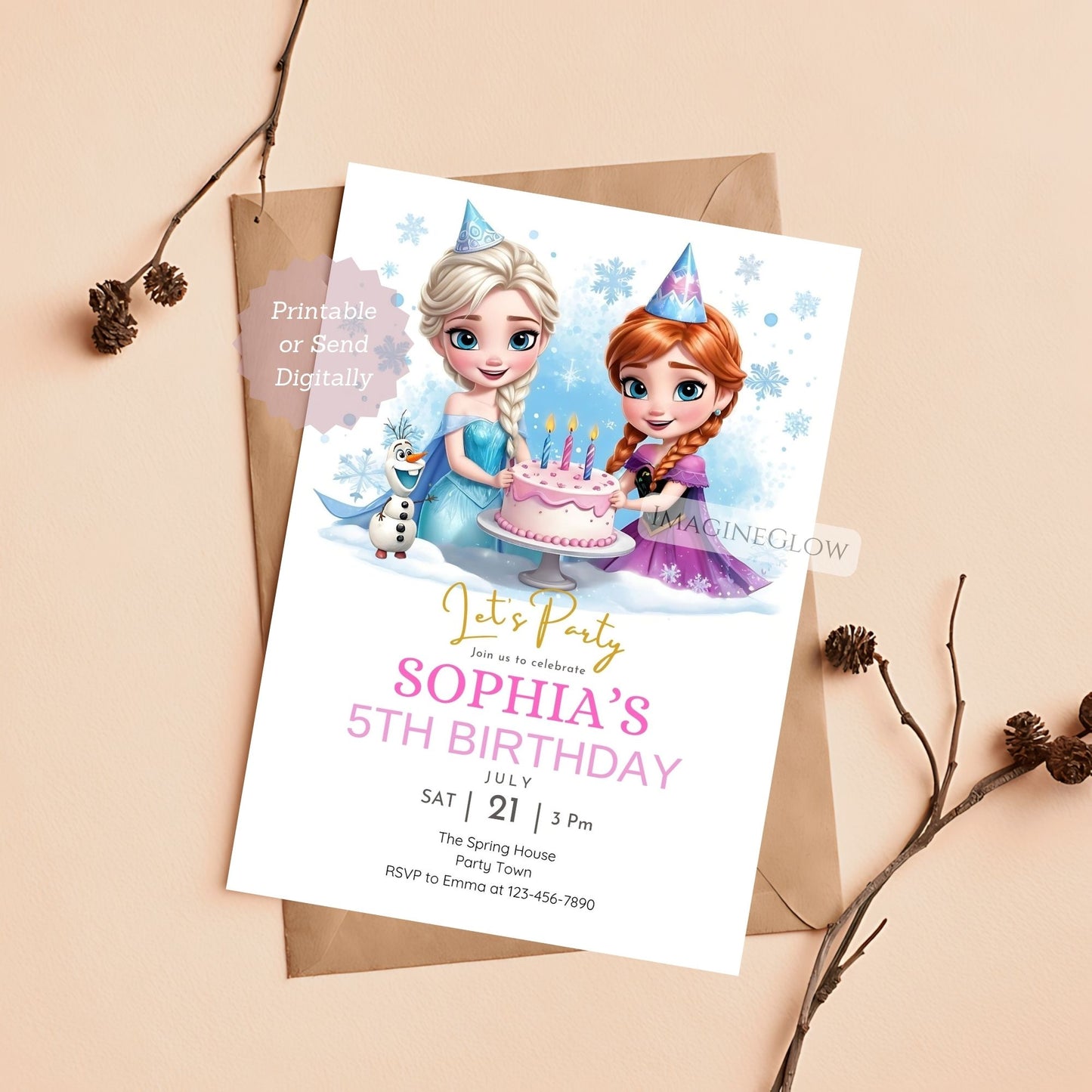 Frozen-themed birthday invitation card with Elsa and Anna on a beige background