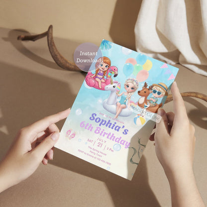 printable frozen pool party invite
elsa anna birthday invitation
