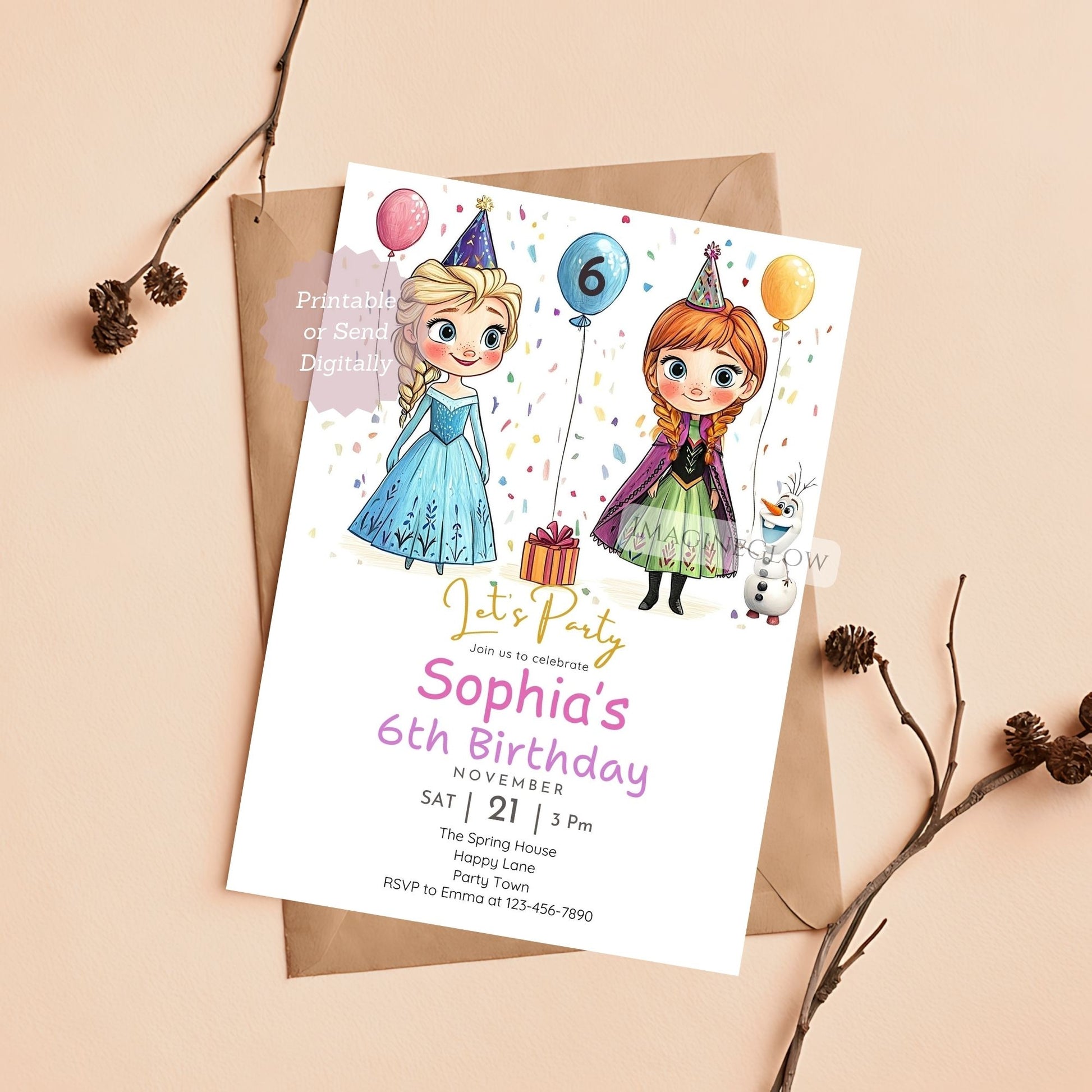 Frozen birthday invitation with Elsa and Anna
