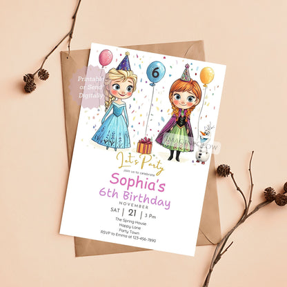 Frozen birthday invitation with Elsa and Anna
