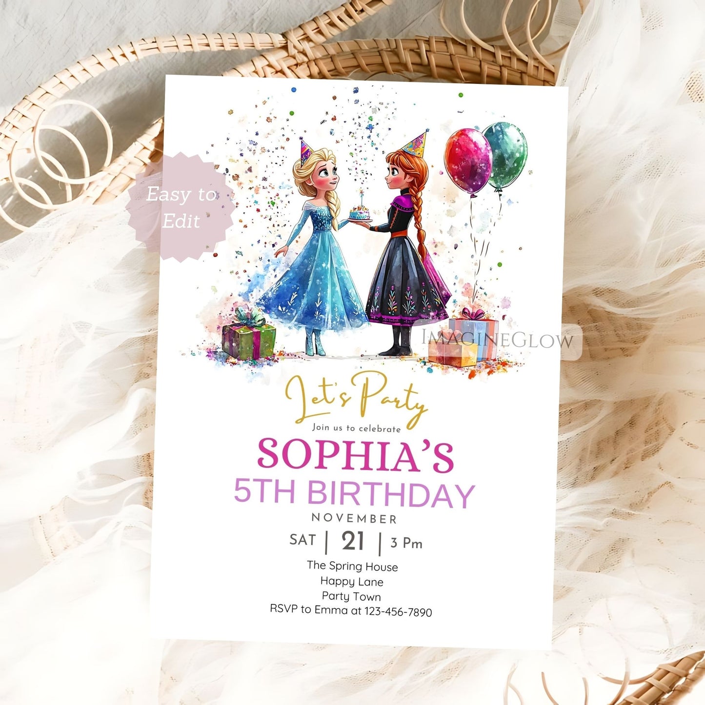 Frozen birthday invitation with Elsa and Anna
